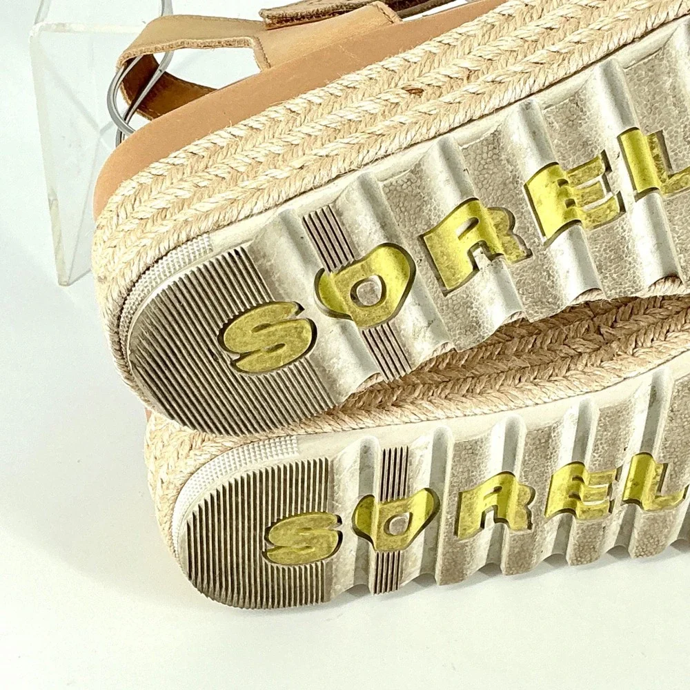 Sorel Womens Size 7 Cameron Flatform‎ Espadrille Tan Leather Platform Sandals